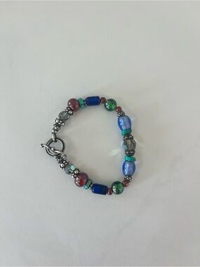 7 1/2 inch sterling mixed gem, glass turquoise toggle bracelet! One of a kind